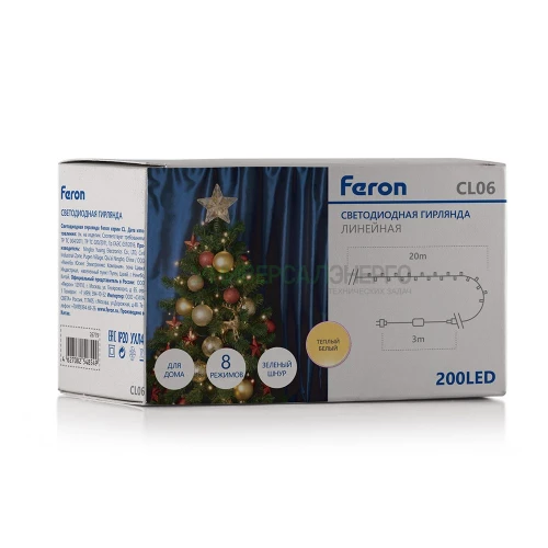 Светодиодная гирлянда Feron CL06 линейная 20м + 3м 230V 3300К, c питанием от сети, контроллером, зеленый шнур 26779 фото 6