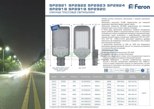 Светодиодный уличный консольный светильник Feron SP2924 100W 6400K 100-265V, серый 32216 фото 6