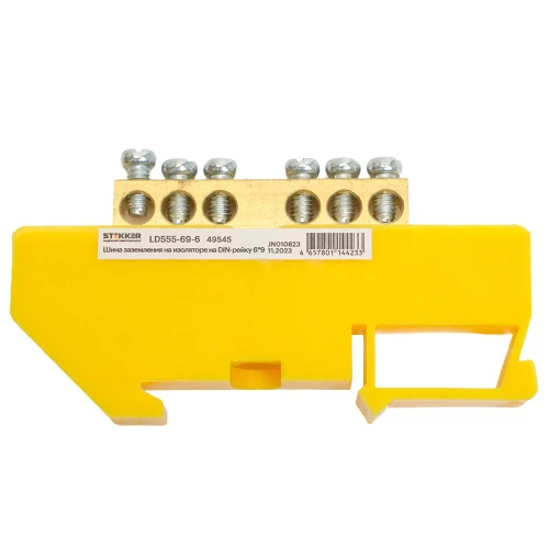 Шина "PE" на изоляторе 6*9 на DIN-рейку 6 выводов, желтый, LD555-69-6 49545 фото 2