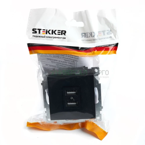 Розетка USB 2-местная (механизм), STEKKER GLS10-7115-05, 250B, 2.4А. серия Катрин, черный 39616 фото 3