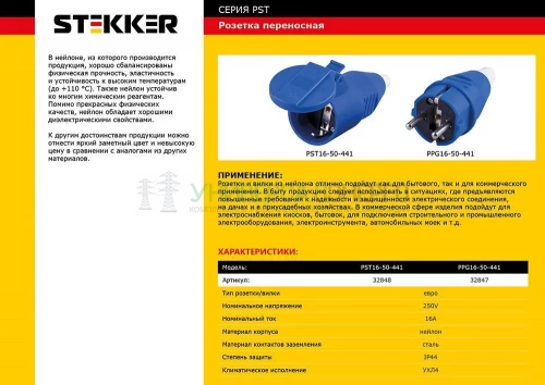 Вилка STEKKER PPG16-50-441 прямая с заземляющим контактом, нейлон 250В, 16A, IP44, синяя/белая 32847 фото 2