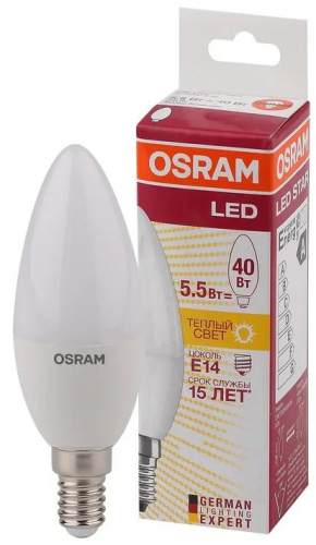 Лампа светодиодная LED STAR CLASSIC B 40 5W/827 5Вт свеча 2700К тепл. бел. E14 470лм 220-240В матов. пласт. OSRAM 4052899971608 фото 2