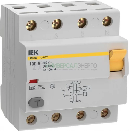 Выключатель дифференциального тока (УЗО) 4п 100А 100мА 6кА тип AC ВД3-63 KARAT IEK MDV20-4-100-100