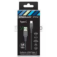 Кабель USB-Type C ELX-CDC11-C09 5А 80Вт 1.5м сер. нейлон зарядка+ПД коробка Ergolux 15312