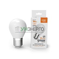 Лампа светодиодная филаментная Basic 4.5Вт P45 шар матовая 2700К тепл. бел. E27 380лм GAUSS 1055215 Лампа светодиодная филаментная Basic 4.5Вт P45 шар матовая 2700К тепл. бел. E27 380лм GAUSS 1055215