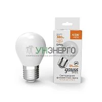 Лампа светодиодная филаментная Basic 4.5Вт P45 шар матовая 2700К тепл. бел. E27 380лм GAUSS 1055215 Лампа светодиодная филаментная Basic 4.5Вт P45 шар матовая 2700К тепл. бел. E27 380лм GAUSS 1055215
