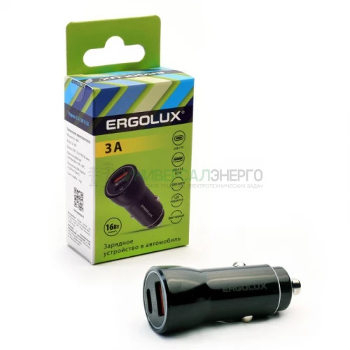 Адаптер автомобильный ELX-CA01-C02 1USB+1Type C 12В 5В/3А LED коробка черн. ERGOLUX 15106
