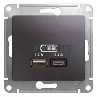 Розетка USB Glossa тип A+C 5В/2.4А 2х5В/1.2А механизм графит SE GSL001339