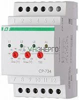 Реле напряжения CP-734 (трехфазное; контроль нижнего (150-210В) и верхнего (240-270В) порога напряжения; отдельный контакт на каждую фазу; монтаж на DIN-рейке 35мм 3х400/230 N 3х8А 3х1R IP20) F&F EA04.009.007