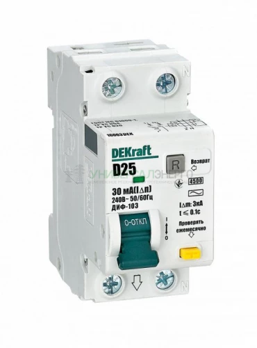 Выключатель автоматический дифференциального тока 2п (1P+N) D 25А 30мА тип AC 4.5кА ДИФ-103 DEKraft 16063DEK