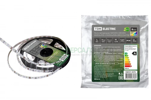 Лента светодиодная SMD5050+SMD2835 60LED/м-IP20-12 В-8 Вт/м-RGB+3000 К (5 м) TDM