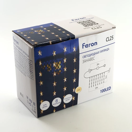 Светодиодная гирлянда Feron CL25 занавес Звездочки  2*1м  + 3м 230V 2700K, статичная, c питанием от сети, прозрачный шнур 48607 фото 7