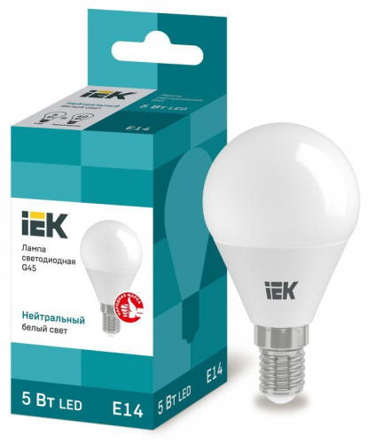 Лампа светодиодная ECO G45 5Вт шар 4000К бел. E14 450лм 230-240В IEK LLE-G45-5-230-40-E14