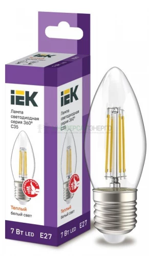 Лампа светодиодная филаментная 360° 7Вт C35 свеча 3000К E27 230В прозр. IEK LLF-C35-7-230-30-E27-CL