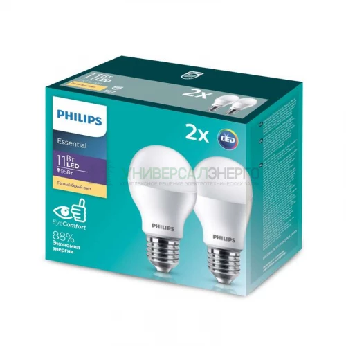 Лампа светодиодная ESS LEDBulb 11Вт E27 3000К 230В 2CT/6 RCA (уп.2шт) PHILIPS 929001900227 фото 2