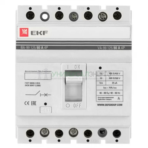 Выключатель автоматический 4п 125/80А 25кА ВА-99 PROxima EKF mccb99-125-80-4P