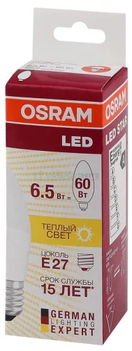 Лампа светодиодная LED Star Classic B 60 6.5W/830 6.5Вт свеча матовая 3000К тепл. бел. E27 550лм 220-240В пластик. OSRAM 4058075134232 фото 2