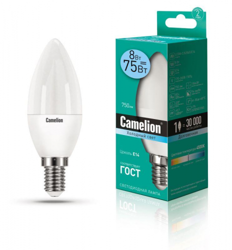 Лампа светодиодная LED8-C35/845/E14 8Вт свеча 4500К бел. E14 750лм 170-265В Camelion 12386