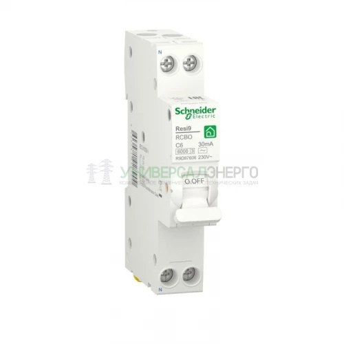 Выключатель автоматический дифференциального тока 2п (1P+N) C 6А 6000А 30мА тип AC Resi9 18мм SchE R9D87606