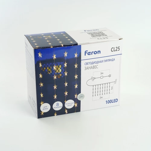 Светодиодная гирлянда Feron CL25 занавес Звездочки  2*1м  + 3м 230V 5000K, статичная, c питанием от сети, прозрачный шнур 48608 фото 7