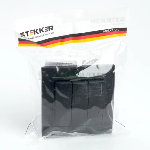 Выключатель 3-клавишный STEKKER  PSW10-9007-03, 250В, 10А, серия Эрна, черный 39924 фото 4