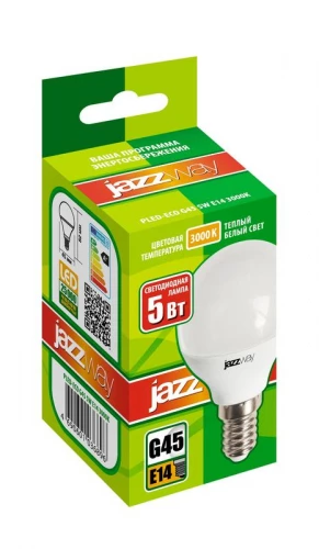 Лампа светодиодная PLED-ECO 5Вт G45 шар матовая 3000К тепл. бел. E14 400лм 230В 50Гц JazzWay 1036896A фото 2
