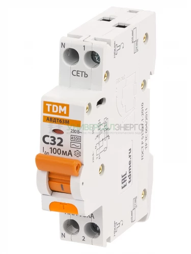 АВДТ 63М 2P(1P+N) C32 100мА 4.5кА тип АС TDM фото 2