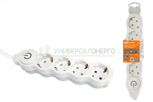 Удлинитель бытовой &amp;amp;quot;Люкс&amp;amp;quot; УЛ04В выкл, 4 гнезда, 3м, с/з, с з/ш, ПВС 3х1мм2 16А/250В бело-серый TDM