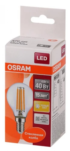 Лампа светодиодная филаментная LED STAR CLASSIC P 40 4W/827 4Вт шар 2700К тепл. бел. E14 470лм 220-240В прозр. стекло OSRAM 4058075068377 фото 3
