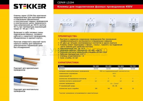 Клемма монтажная STEKKER, LD294-4002, для подключения фазных проводников, 2 контактные группы (3 ввода, 3 вывода на полюс) 32733 фото 2