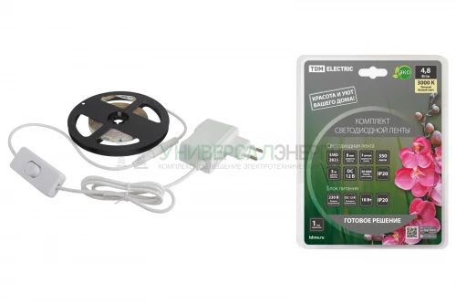 Комплект светодиодной ленты SMD2835-60 LED/м-12 В-4.8 Вт/м-IP20-3000 К (3 м), 18 Вт TDM