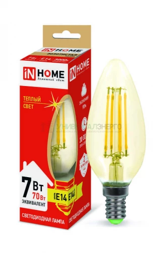 Лампа светодиодная LED-СВЕЧА-deco 7Вт свеча золотая 3000К тепл. бел. E14 630лм 230В IN HOME 4690612007540
