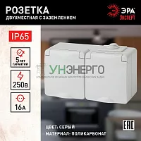 Розетка 2-м ОП Эра Эксперт 11-2603-03 16А IP65 горизонт. 250В 2х2P+E сер. Эра Б0035991