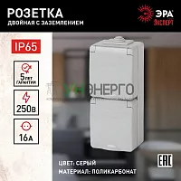 Розетка 2-м ОП Эра Эксперт 11-2607-03 16А IP65 верт. 250В 2х2P+E сер. Эра Б0036002