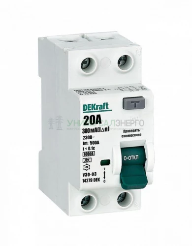 Выключатель дифференциального тока (УЗО) 2п 20А 300мА тип A 6кА УЗО-03 DEKraft 14279DEK
