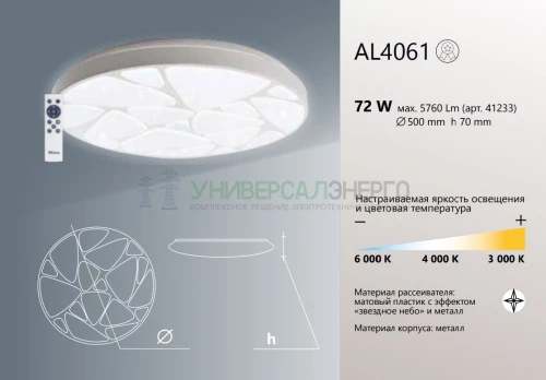 Светодиодный управляемый светильник  накладной Feron AL4061  Myriad тарелка 72W 3000К-6000K белый 41233 фото 3